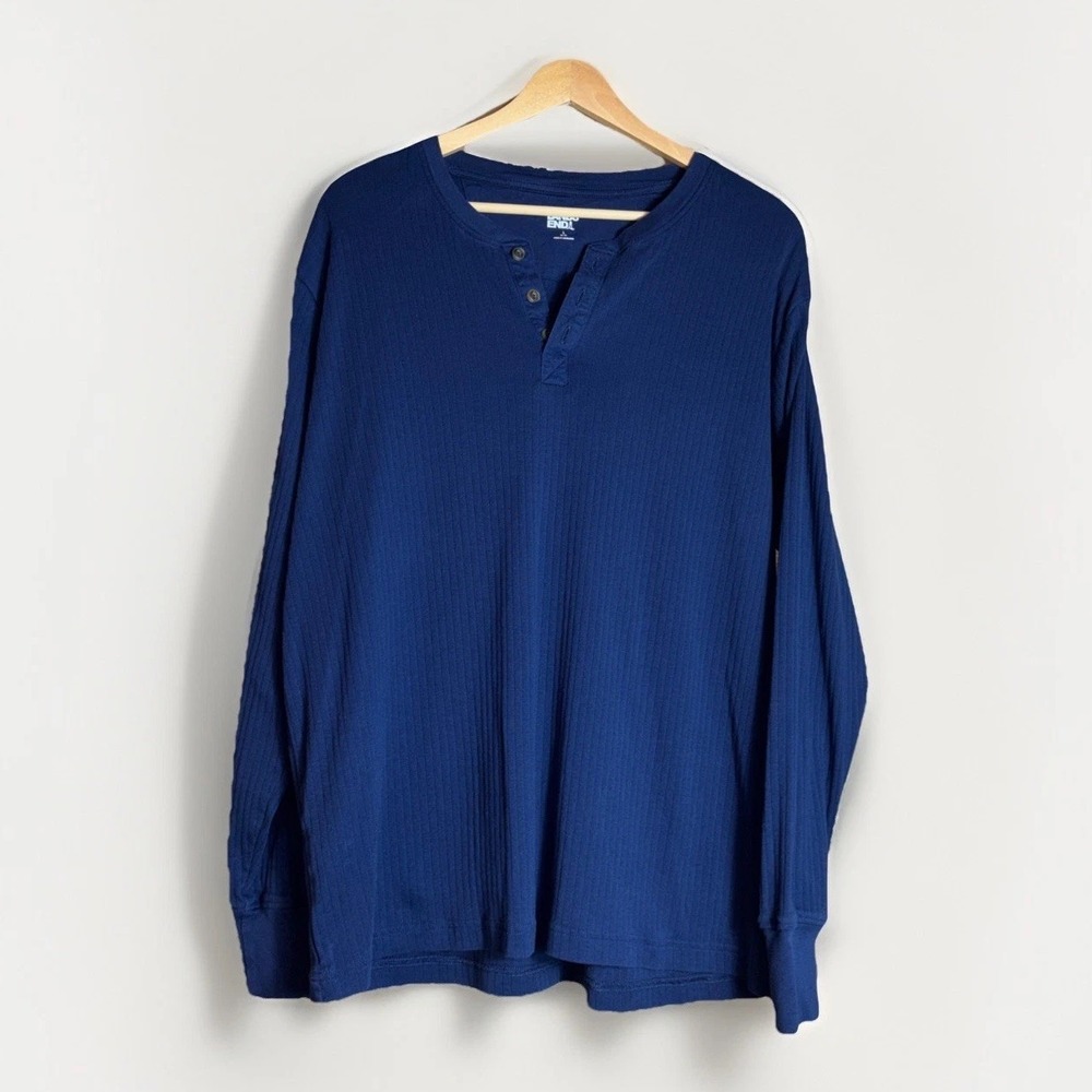 Lands' End Men's Ribbed Long Sleeve Henley Size Large Navy Blue 100% Cotton